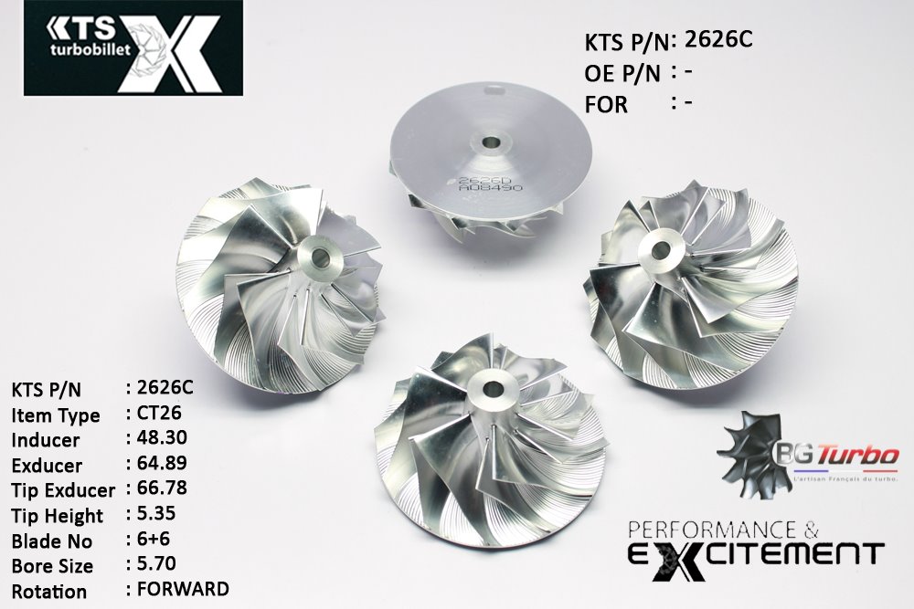 Turbo ROUE FORGÉE MFS PERFORMANCE - 6+6 PALES - INDUCER : 48,3 - EXDUCER : 64,89 - TYPE : CT26ANGLE : 45° - ROTATION : Forward - SUPER BACK : 1,85 - BORE SIZE : 5,7
